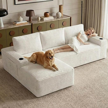 104" Cloud Sectional Couch L-Shaped with Side Pockets Cup Holders, Corduroy Boneless Couch for Living Room,Upholstered Deep-Seat Modular Sectional Sofa, No Assembly Required (White,Left Facing Chaise)