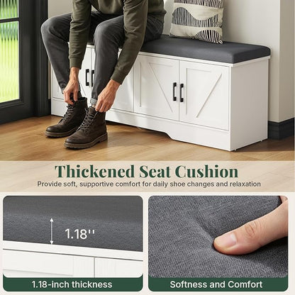 DUMOS 47 Inch Storage Bench, Shoe Organizer Cabinet with Thickened Padded Seat Cushion, Entryway Bench with 4 Doors & Adjustable Shelf for Hallway, Bedroom, Living Room, White