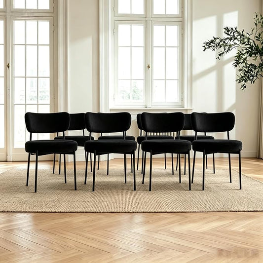 Boucle Dining Chairs Set of 8, White Mid Century Modern Kitchen Dining Room Chairs with Curved Backrest and Metal Frame, Round Upholstered Dining Chairs for Kitchen, Living Room
