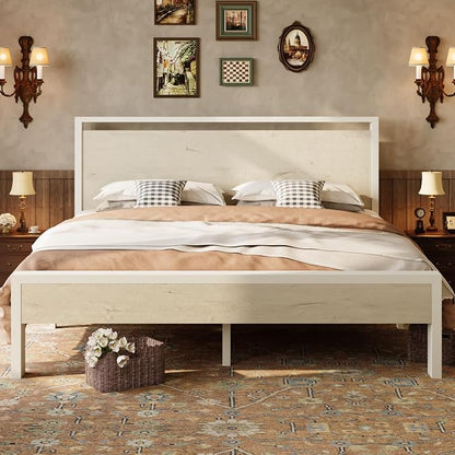 SHA CERLIN 14 Inch King Metal Platform Bed Frame with Wooden Headboard and Footboard, No Box Spring Needed, Large Under Bed Storage, Heavy Duty Slats Support, White Washed Oak