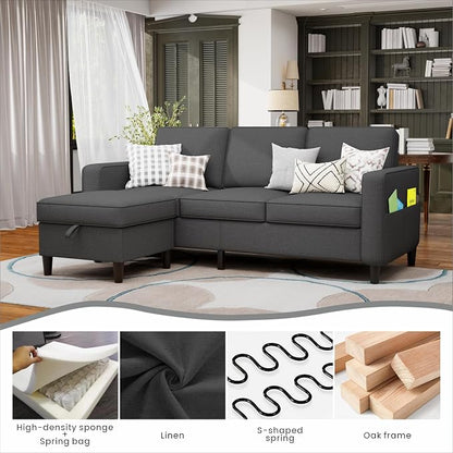 78" Sectional Sofa Couches for Living Room, 3 Seat L Shaped Convertible Couch with Storage Ottoman, Comfortable Pet-Friendly Linen Fabric Sofa Set for Small Space, Apartment, Office, Dark Grey