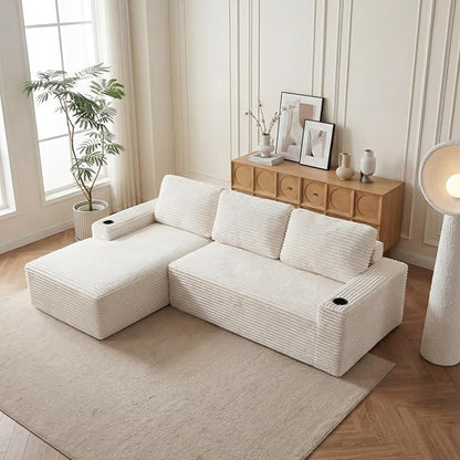 104" L Shaped Boneless Sectional Couches for Living Room, Comfy Corduroy Floor Cloud Sofa with Chaise and Cup Holder, Wide Armrest, Deep Seat, Assembly Free, Ideal for Small Spaces, Beige