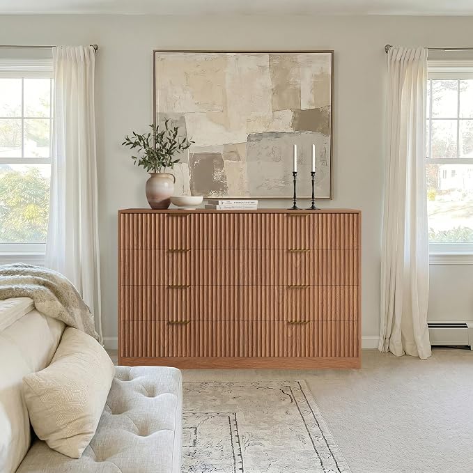 8 Drawer Dresser for Bedroom, 55" Wide Fluted Chest of Drawers with Gold Metal Handles, Modern Wooden Dresser, Closet Storage Organizer Mid Century TV Stand for Living Room Hallway Light Walnut