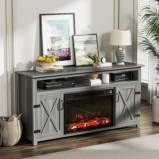 YESHOMY Fireplace TV Stand for Television up to 65+ Inch with Storage and Farmhouse Barn Doors, Entertainment Center with Cabinet and Shelves, Media Console for Living Room, Gray Wash