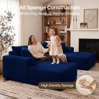 Claiks 94" Boneless Couch, Cloud Couch Sectional, U-Shape Corduroy Modular Sectional Sofa Deep Seat, Upholstered Couches for Living Room, No Assembly Required, Blue