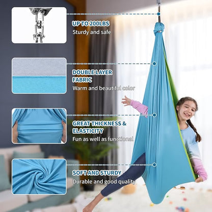 OUTREE Sensory Swing, Double Layer Therapy Swing with 360° Swivel Hanger, Healing & Relaxing Cuddle Sensory Swing for Kids and Adults with Autism, ADHD, Sensory Processing Disorder(Blue and Green)