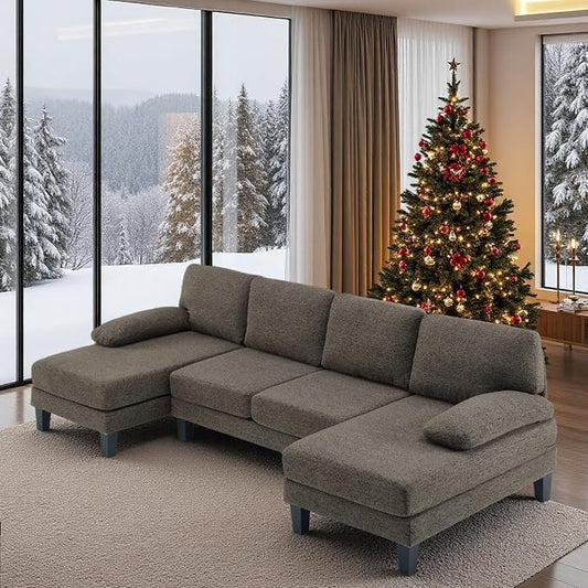 VINGLI 110' U-Shaped Sectional Couch with Two Chaise, Affordable Small Sofa with 4 Seats, Chenille Fabric Comfy Couches for Living Room, Dark Brown
