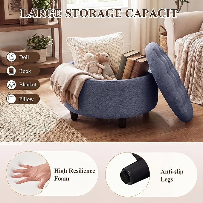COLAMY Round Hidden Storage Ottoman with Reversible Tray Lid – Multi-Functional Footrest, Sturdy & Stylish Fabric Coffee Table for Living Room, Bedroom, or Entryway, Blue
