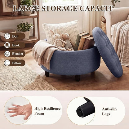 COLAMY Round Hidden Storage Ottoman with Reversible Tray Lid – Multi-Functional Footrest, Sturdy & Stylish Fabric Coffee Table for Living Room, Bedroom, or Entryway, Blue