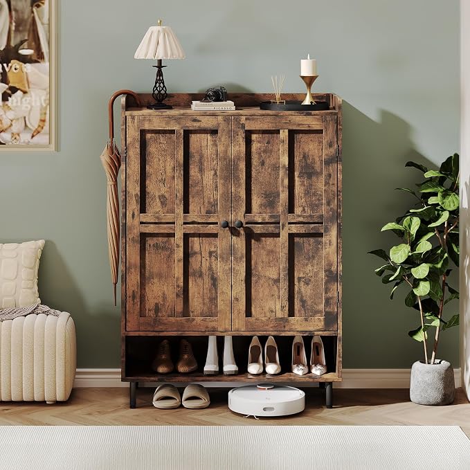 Shoe Storage Cabinet with 2 Doors, 6-Tier Shoe Cabinet with 3 Adjustable Shelves and Metal Legs, 45'' Tall Shoe Rack Organizer Cabinet for Entryway, Front Door, Rustic Brown