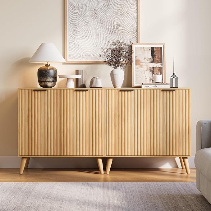 Set of 2 Fluted Sideboard Buffet Cabinet, 63" Mid Century Modern Storage Cabinet with Adjustable Shelves & 4 Doors, Accent Cabinet for Dining Room & Living Room, Natural