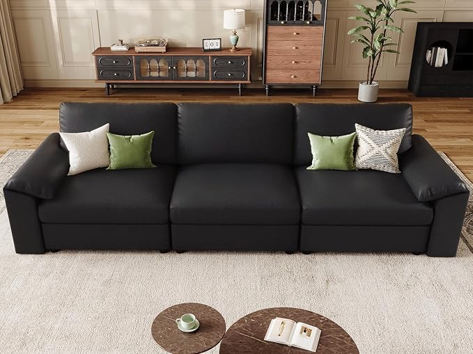 EASE MOOSE 3 Seater Deep Seat Sectional Sofa,Scratch Resistant Faux Leather Material, Oversized Modular Couch,Classic Comfy Sofas for Small Spaces, Black