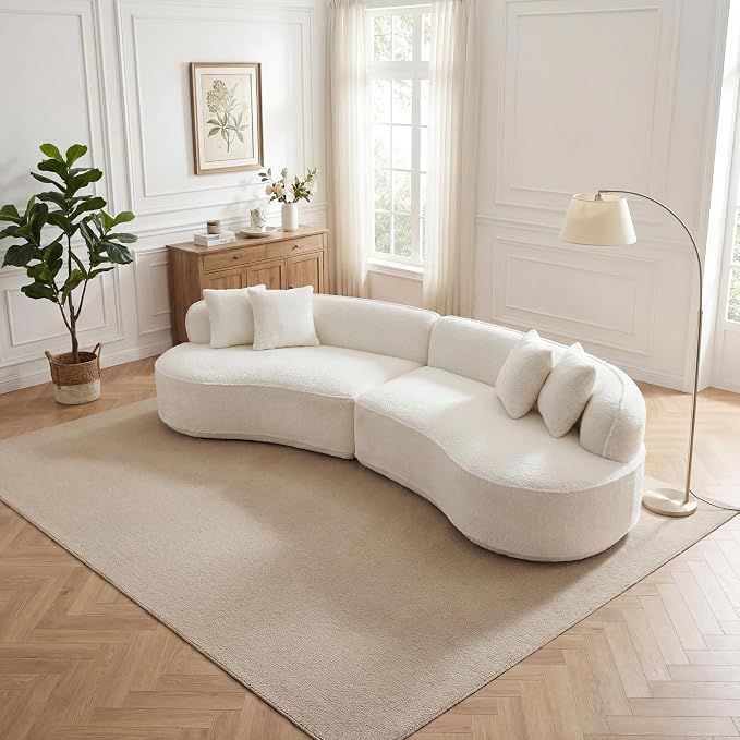 114-Inch Curved Boneless Modular Sofa Compressed 4-Seat Cloud Couch with 4 Pillows, Modern Curved Boneless Foam Sofa Floor Deep Seat Cloud Couch for Living Room Bedroom