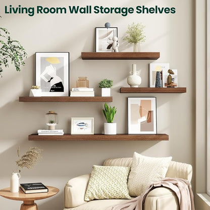 Floating Shelves for Wall, 32 Inch x 8 Inch Deep Wall Mounted Wood Shelf with Invisible Brackets for Storage & Display, Living Room Bedroom Kitchen, Walnut, Set of 2