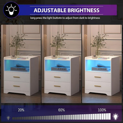 dnbss White LED Nightstand with Charging Station and 24-Color RGB Lights, Smart Night Stand with Human Sensor Lighting, Modern Bedside Table for Bedroom