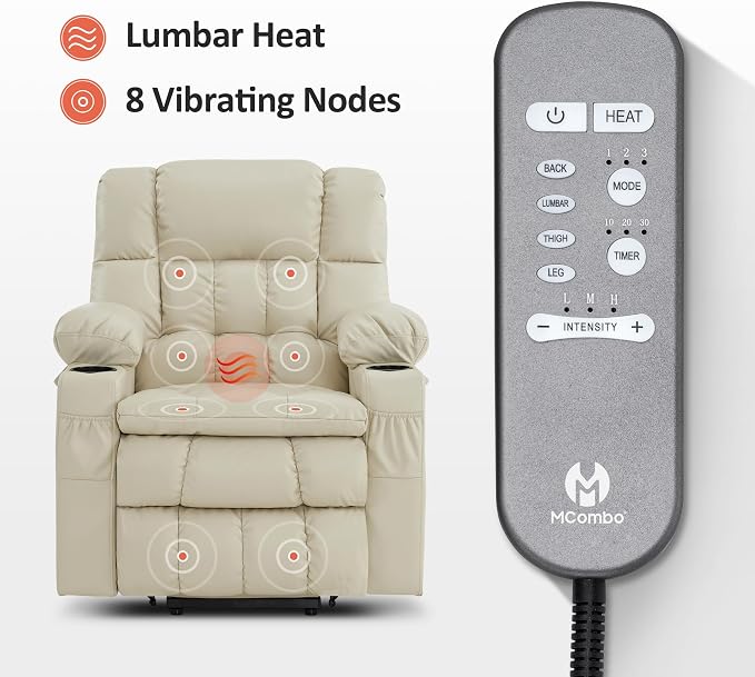 MCombo Small Dual Motor Power Lift Recliner Chair for Petite Elderly, Zero Gravity Lift Chair with Heat and Massage, Infinite Position, USB Ports,Faux Leather 7893 (Cream White, Small)