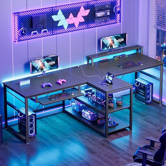 SEDETA 94.5" Gaming Computer Desk, 2 Person Office Desk with Storage, LED Lights, Power Strip, Long Desks with Keyboard Tray & Monitor Stand for Home Office, Carbon Fiber Black