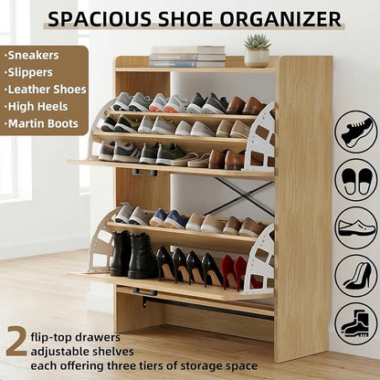 Shoe Storage Cabinet for Entryway, 2 Flip Drawers with 3-Tier Rack Each, 6-Layer Total Storage, Narrow Shoe Cabinet with Linen Panel, Slim Wood Shoe Organizer Closed Shoe Rack for Hallway,Small Spaces