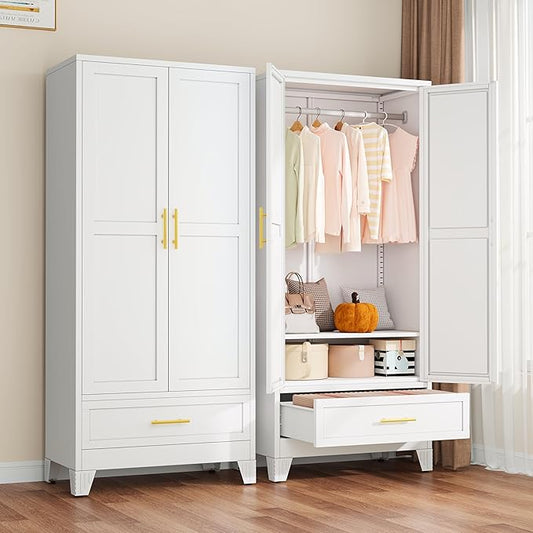 winiowa Metal Armoire Wardrobe Closet with Drawer, 71" Wardrobe Cabinet with Adjustable Shelves and Hanging Rod, Clothing Storage Cabinet Closet for Bedroom-White