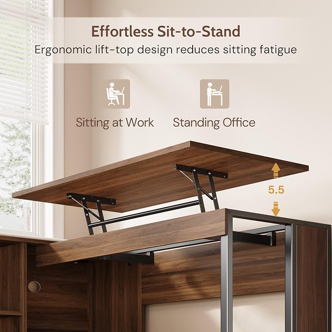 L Shaped Desk with Lift Top & Power Outlets, 63'' x 55'' Executive Computer Desk with 3 Fluted Drawers, Storage Shelves, CPU Stand, Industrial Standing Desk for Office (Schatt Walnut)