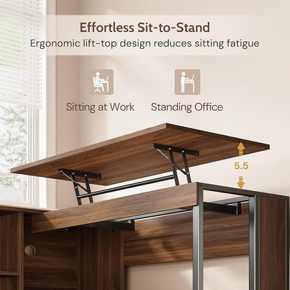 L Shaped Desk with Lift Top & Power Outlets, 63'' x 55'' Executive Computer Desk with 3 Fluted Drawers, Storage Shelves, CPU Stand, Industrial Standing Desk for Office (Schatt Walnut)