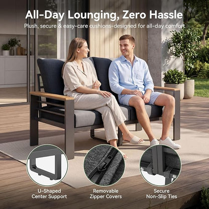 Aoxun Patio Furniture Set, Aluminum Patio Set with Fire Pit Table and 5" Thicken & Washable Cushion, Waterproof Outdoor Furniture, Outdoor Couch Sectional for Backyard (4 Seats/F, Dark Grey)