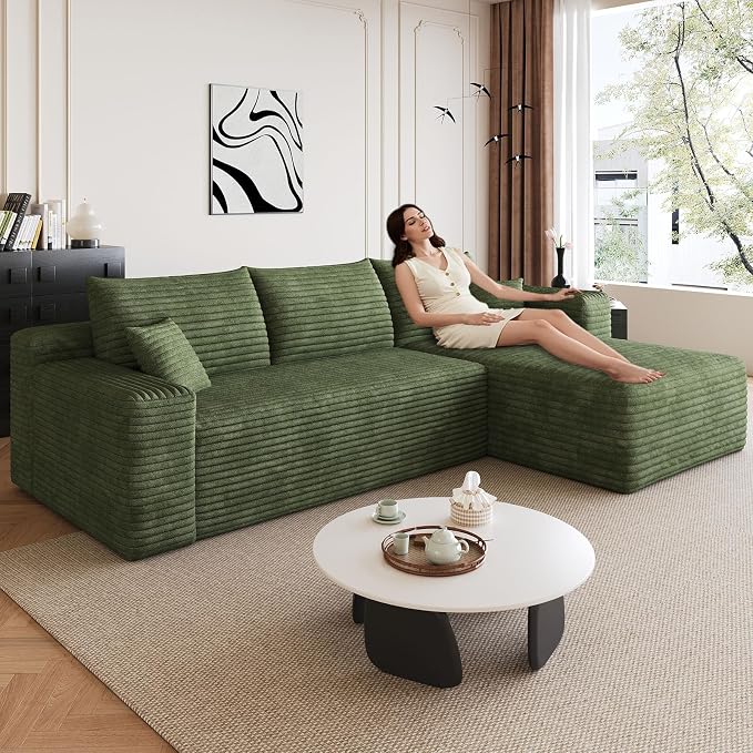 95" Modular Sectional Sofa, Modern Corduroy Cloud Couch with Side Pockets, Boneless Couch Upholstered 3-Seater L-Shaped Sofa for Living Room, No Assembly Required (Green,Right-Facing Chaise)