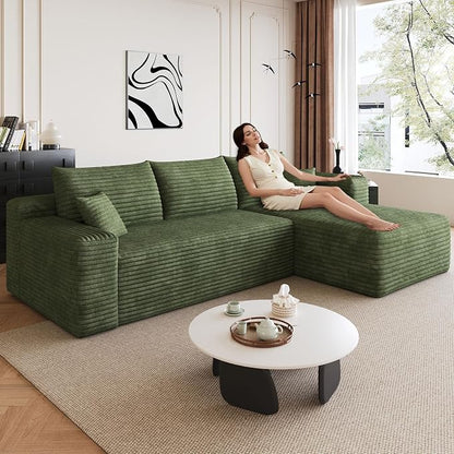 95" Modular Sectional Sofa, Modern Corduroy Cloud Couch with Side Pockets, Boneless Couch Upholstered 3-Seater L-Shaped Sofa for Living Room, No Assembly Required (Green,Right-Facing Chaise)