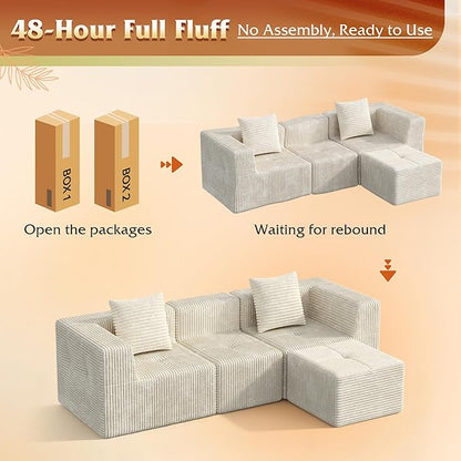 WLIVE 108'' Cloud Sectional Couches for Living Room, Modular Boneless Couch with Facing Chaise, L Shape Memory Foam Corduroy, with Ottoman, Greyish Beige