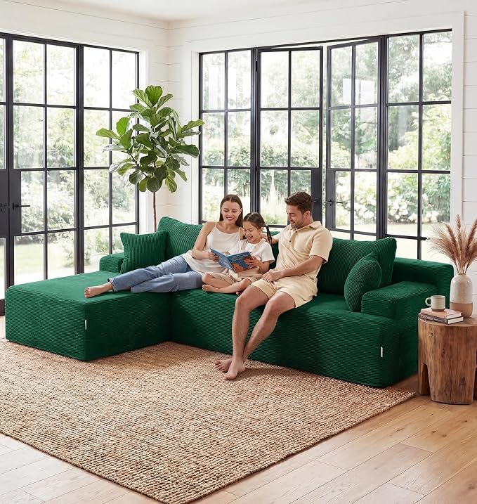 Hobestluk Modular Sectional Sofa Couches L-Shape Couch 3 Seat Modular Sofa Memory Foam Sectional Couches for Living Room, Cloud Couch with Oversized Chaise (Green Corduroy, 96", Left Hand Facing)