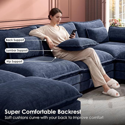 Marsail Modular Sectional Sofa 145.6" U-Shaped Modern Comfy Cloud Couch, 6-Seat Chenille Deep Seat Sofa with Throw Pillow & Movable Ottoman for Living Room, Bedroom and Apartment, Blue