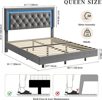 Garvee Floating Bed Frame Queen Size with Smart Led Lights, Upholstered Platform Bed with Diamond Headboard, Solid Wood Slats Support, No Box Spring Needed, Noise-Free, Easy Assembly, Grey