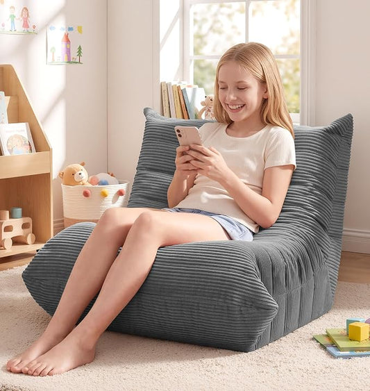 Hobestluk Medium Bean Bag Chair Faux Fur Fabric BeanBag Couch for Playroom | Grey Corduroy,Ergonomic Design,Memory Foam,Strong Supportive,No Assembly Required,Decorative Style for Living Room Bedroom