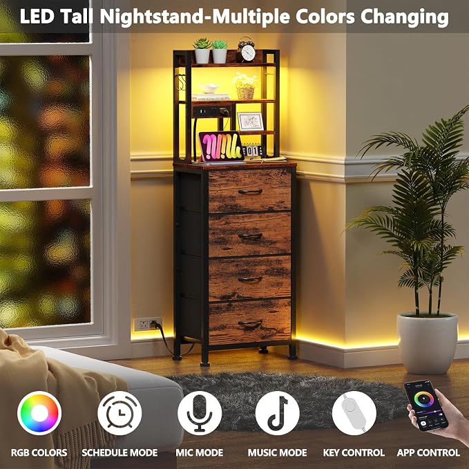 Furnulem Tall Night Stand, LED Nightstand with Charging Station and USB Ports, 4 Fabric Drawers and 4 Tier Storage Shelf, Bedside Table for Bedroom, Home, Dorm, Office (Rustic Brown)