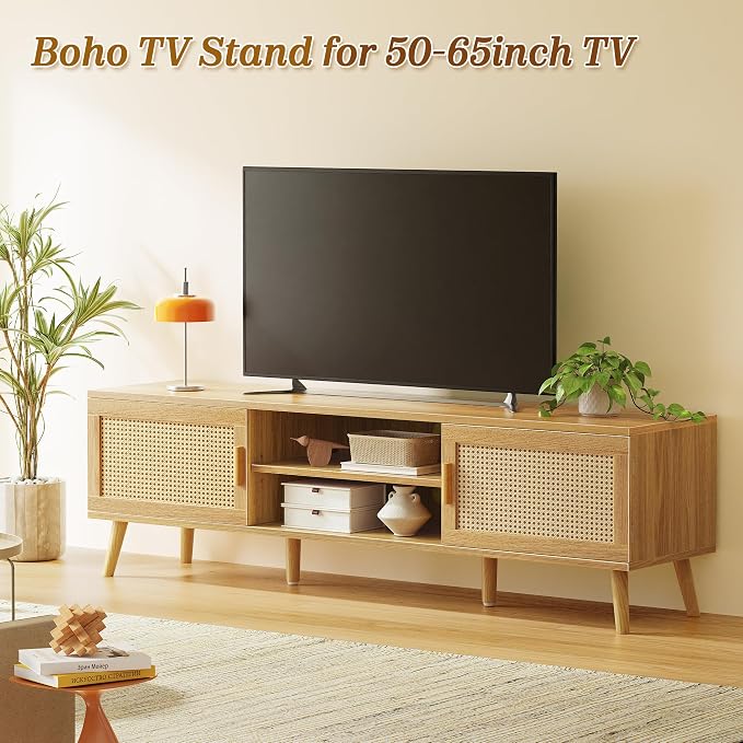 SUPERJARE Boho TV Stand for 65 Inch TV, Entertainment Center with Adjustable Shelf, Rattan TV Console with 2 Cabinets, Media Console, Solid Wood Feet, 4 Cord Holes, for Living Room - Natural