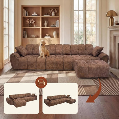 Claiks 118" Modern Boneless Couch, Corduroy Modular Cloud Sofa for Living Room, Deep Seat Sectional with Movable Ottoman, No Assembly Required, Brwon