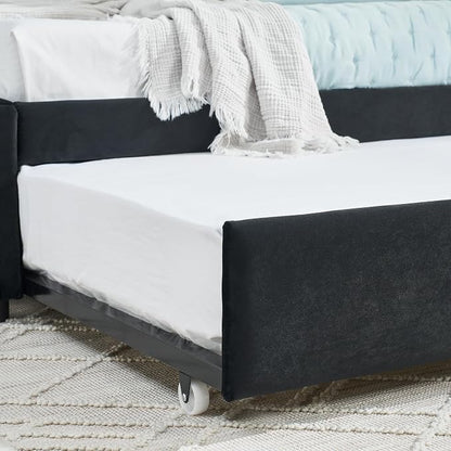KEIKI Full Size L-Shpaed Upholstery Daybed with Erectable Trundle, Full to King Design Mid-Century Extendable Velvet Sofa Bed, Easy Assembly, No Box Spring Required, for Living Room and Bedroom, Black