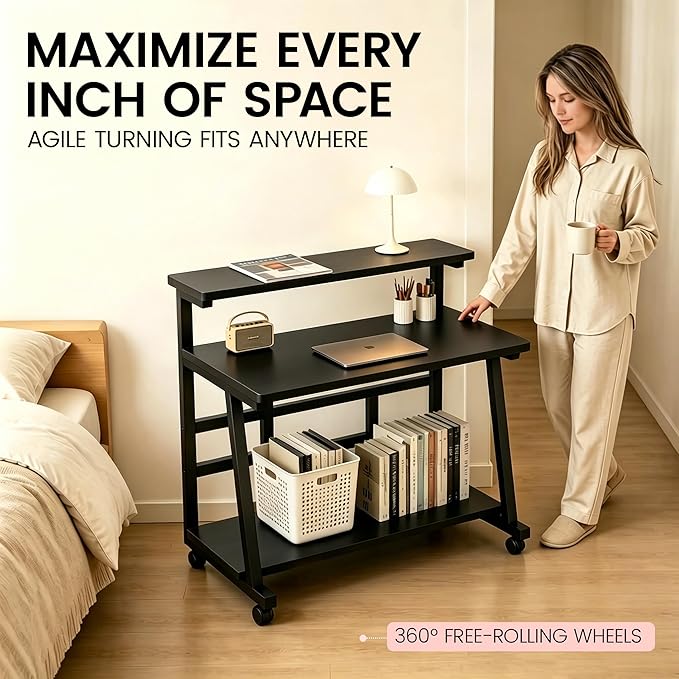 39.4 Inch Compact Rolling Computer Desk with Tier Worktable & Lockable Wheels, Small Computer Desk, Small Desk for Bedroom, Mobile Writing Workstation Easy Assembly for Home Office Small Spaces