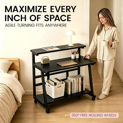 31.5 Inch Compact Rolling Computer Desk with Tier Worktable & Lockable Wheels, Small Computer Desk, Small Desk for Bedroom, Mobile Writing Workstation Easy Assembly for Home Office Small Spaces