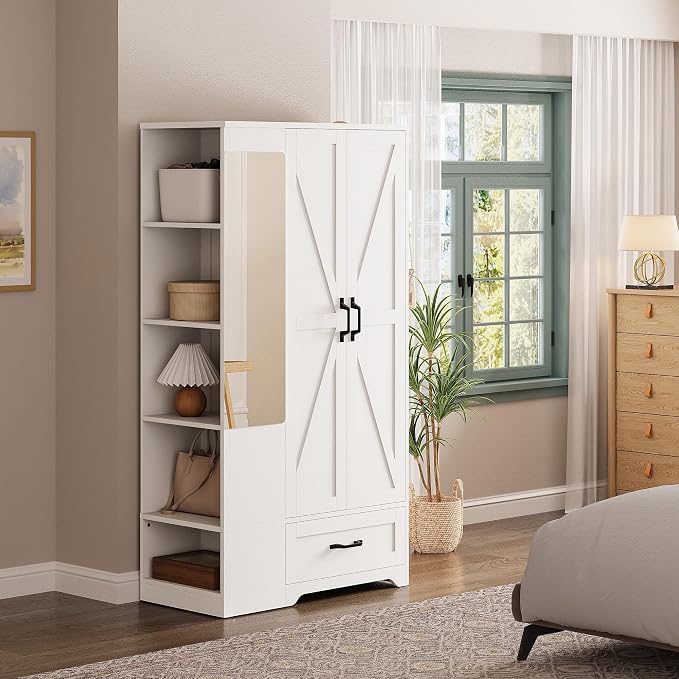 LIKIMIO 70" Tall Wardrobe Closet with Mirror, Side Shelves & Drawer, Freestanding Bedroom Armoire with Hanging Rod, X Barn Door Storage Cabinet for Bedroom, White