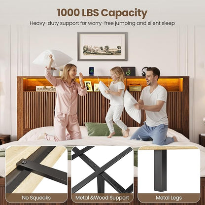 CypBed King Size Bed Frame and Headboard& 2 Storage Drawers, King Bed Frame with LED Light and Charging Port, Farmhouse Wavy Design, Wood & Metal Platform, Noise-Free, No Box Spring Needed, Walnut