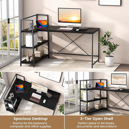Tangkula Reversible L-Shaped Computer Desk, Space Saving Corner Desk with 3-Tier Storage Shelves & Metal Frame, Modern Executive Home Office Desk, PC Laptop Desk Workstation for Small Space (Black)