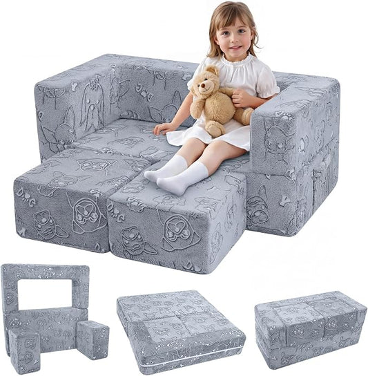 MeMoreCool Kids Sofa Couch, Glow-in-the-Dark Plush Cover, Convertible Foam Loveseat with Armrests & Pocket, Gray Dog Pattern, Playroom & Bedroom Children’s Furniture, 39" x 20" x 16"