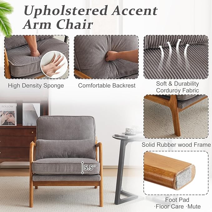 VINGLI Upgraded Premium Corduroy Accent Chairs Set of 2,Upholstered Arm Chair,Solid Wood Comfy Reading Chair with Lumbar Pillow, Mid Century Modern Chairs for Living Room,Bedroom,Light Grey