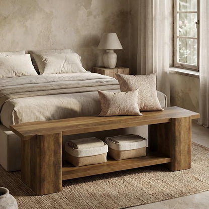 LITTLE TREE Entryway Bench, 63" Long Bench with Storage Shelf, Farmhouse End of Bed Bench, Bench for Bedroom, Dining Room, Living Room, Entryway, Hallway, Reinforced Legs, Brown