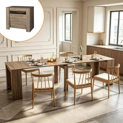 Expandable Dining Room Table, Extendable Table for 10-12 People, Folding Console Table, Space Saving Kitchen Table for Apartment, Wood Grain Gray