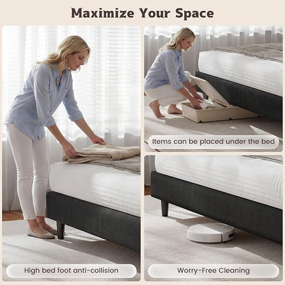 EnHomee Queen Bed Frame with Adjustable Height Upholstered Headboard, Charging Stations, Noise-Free Platform Bed,No Box Spring Needed, Easy Assembly,Grey