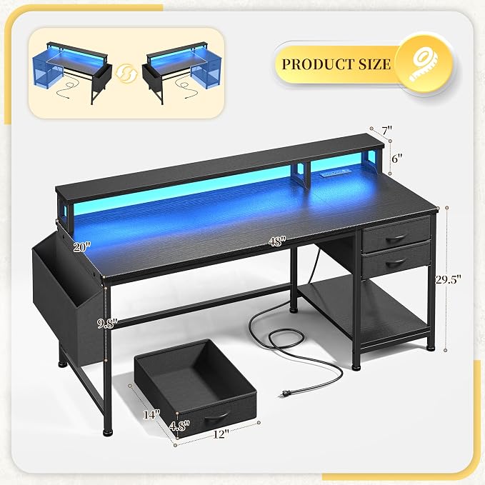 DurayLoly 48" Gaming Desk with RGB Lights & Power Outlets for Teens | Wireless Remote Full-Color Strip, Various Lighting Modes, Level Up Teens Gaming Vibe or Study for Protect Eyes In Bedroom