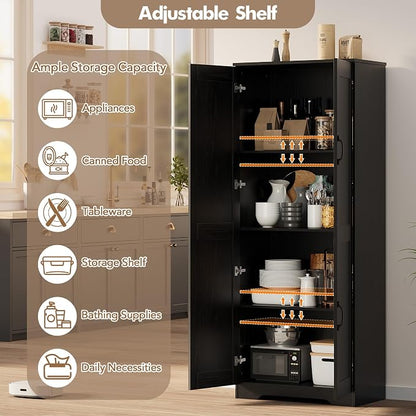 Garvee Tall Pantry Cabinet, 60" Kitchen Storage Cabinet with 2 Doors & Adjustable Shelves, Freestanding Wooden Cupboard for Bathroom，Dining Room, Living Room,Black