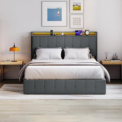 Garvee Full Size Lift Up Storage Bed with LED Lights, Upholstered Velvet Bed Frame with Storage Headboard & Charging Station, Metal Platform Bed, No Box Spring Needed, Solid Wooden Slats, Grey